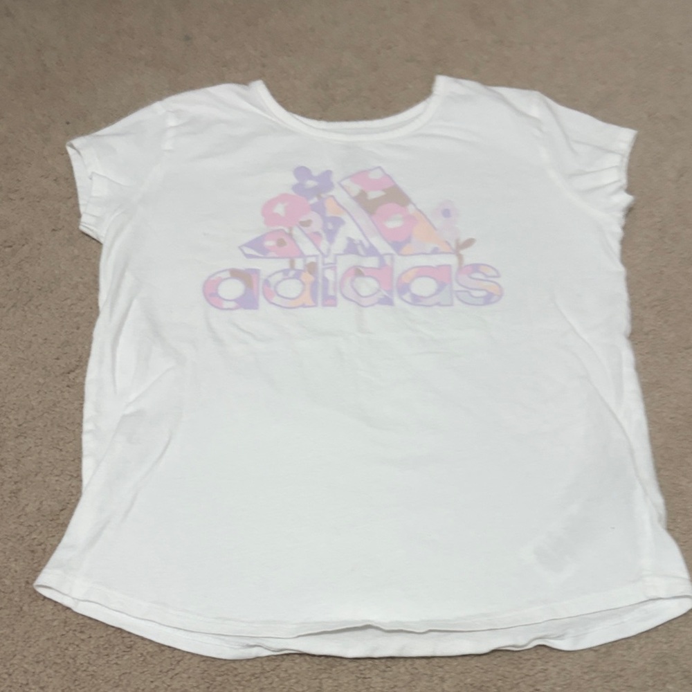 Girls size medium Adidas Kids White Tee with Pastel Logo